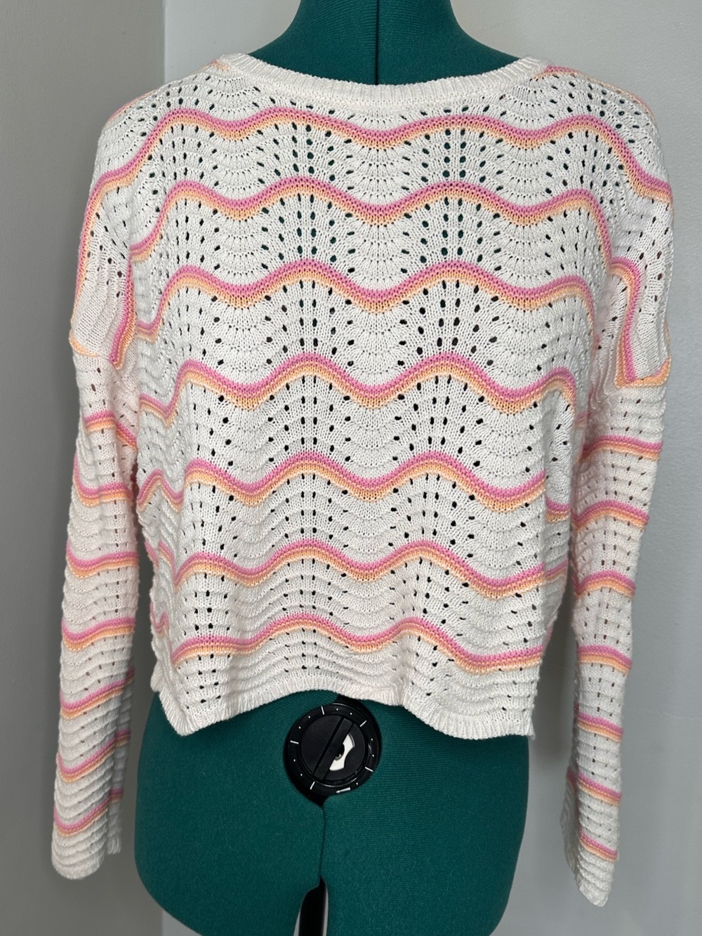 Sincerely Jules White Knit Sweater with Pink & Peach Wave Stripes